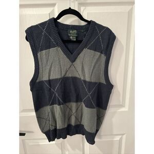 VTG Marshall Fields New Traditions Wool Geometric Sweater Vest Mens L Blue Green